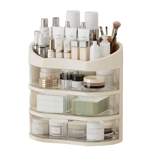 UFORU Makeup Organizer for Vanity, Countertop Organizer with 360° Rotating Drawer, Spacious Cosmetic Display Case for Beauty Essential, Skincare,Lipstick, 3 Drawers