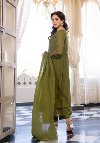 Image of Nermosa Women Embroidery Solid Anarkali Kurta and Pant Set with Dupatta