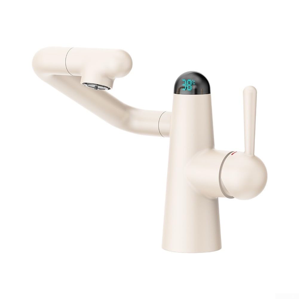 Grifo de baño de cobre con indicador LED de temperatura, robot (blanco)