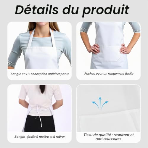 FAREASTSHOP 2 Pièces Tablier Cuisine Blanc, 75 x 65cm Tablier Serveur, Réglable Tabliers avec Poche, Chef Cuisine Tabliers pour Hommes et Femmes pour Restaurant, Café – vue 3