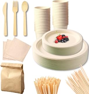 227 PCS, Value Pack of Disposable Plates, Bamboo Cutlery Set, Cups, Straw, Napkin, Skewer | Compostable & Biodegradable | Eco Friendly & Sturdy | Party Plates, Birthday, Wedding, Picnic, BBQ