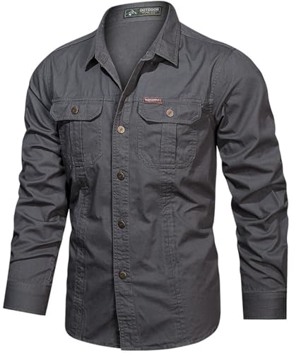 Chaos World Men's Wok Shirt Long Sleeve Button Down Shirts Two Chest Pockets Workwear Casual Office Shirt2