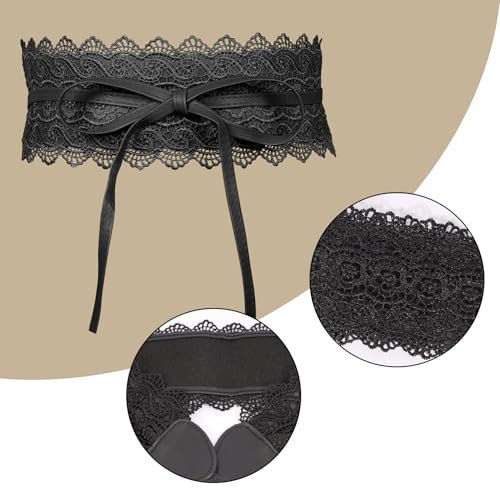 Black Lace Wide Waist Belt, PU Leather Women Obi Belt Adjustable Self Tie Waist Belt3