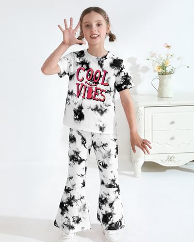 Image of CARETOO Girls Summer Outfit Poster Girl Matching Sister 2pcs Sets Printed t-Shirt + Flare Leg Pants For 3-10 Years