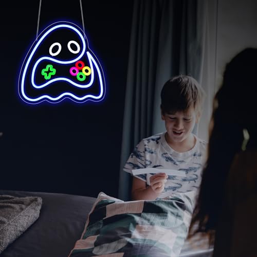 Image of Ghost Neon Sign, JGHTURIE Gamer Neon Signs for Wall Decor Gaming Light Up Blue Led Sign USB Powered Game Room, Man Cave Decor