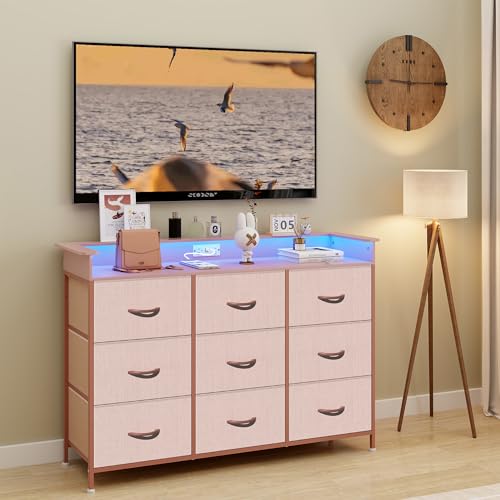 Image of EXOTICA Pink Dresser with LED Light for Girls Bedroom 9 Drawer Dressers with Charging Station Chests of Drawers for Living Room Entryway Closet Hallway Sturdy Steel Frame Wooden Top Easy Pull Handle