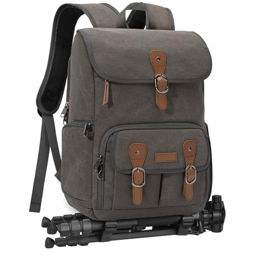 Image of RAINSMORE Camera Backpack, DSLR SLR Mirrorless Camera Bag for Photographer | 15.6 Inch Vintage Canvas Camera Case with Laptop Compartment & Tripod Holder & Rain Cover for Sony Canon Nikon Fujifilm Grey
