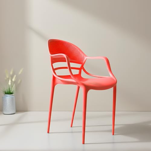 Image of DIYA Sunset Plastic Chair for Cafe & Restaurant | Comfortable Arm Chair | Home, Garden & Balcony | Strong PP Build, 1-Year Warranty - Set of 2 (Red)