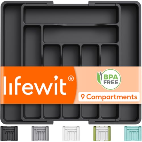 Image of Lifewit Pallvari Utensil Organizer for Kitchen Drawer, Expandable Cooking Silverware Tray, Adjustable Cutlery Flatware Holder, Plastic Spatula Tools Storage Divider, 13-22.4 x 15 inch, Black | BPA-free Plastic Flatware Cutlery Holder, Space-Saving Storage for Spoons Forks Knives, 13-22.4 x 15 inch, Black