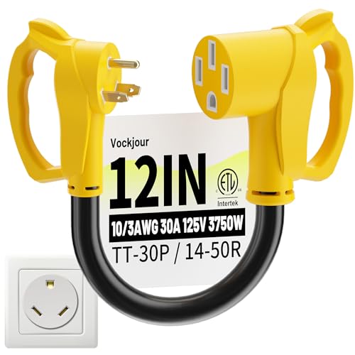 30 Amp to 50 Amp RV Adapter 3 Prong 12 Inch NEMA TT-30P Male to NEMA 14-50R Female Heavy Duty RV Electrical Adapter Cord for Camper STW 10AWG 30A 125V 3750W Yellow ETL Listed