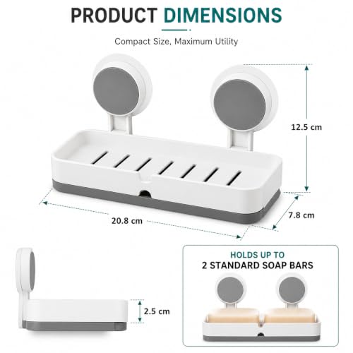 Image of Zollyss Double Soap Holder for Bathroom & Kitchen | Self Adhesive Wall Mounted Soap Dish with Drain Tray | No Drill Waterproof ABS Plastic