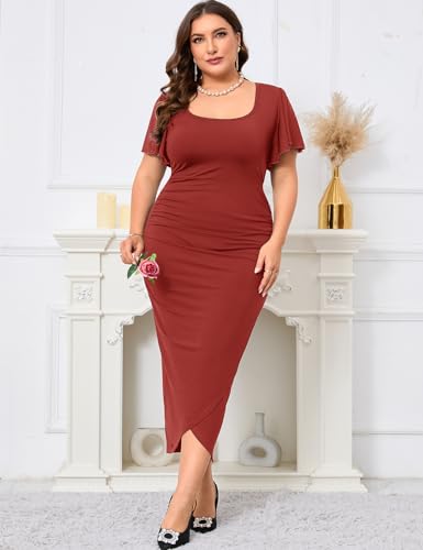 Image of ZOMVA 2024 Plus Size Cocktail Dress Comfortable Bell Sleeves Wedding Guest Square Neck Semi Formal