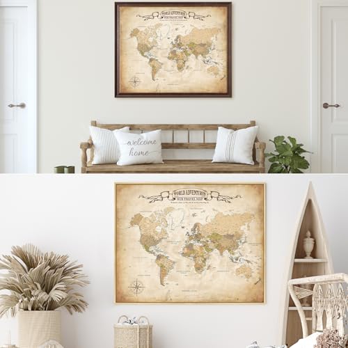 Image of DECORARTS - Personalized World Travel Map with Pins, Custom Name, Pin Board Canvas Wall Art, Antique Vintage Old World Decor, Optional Wood Frame, Giclee Print, Handcrafted in USA, 30x24''