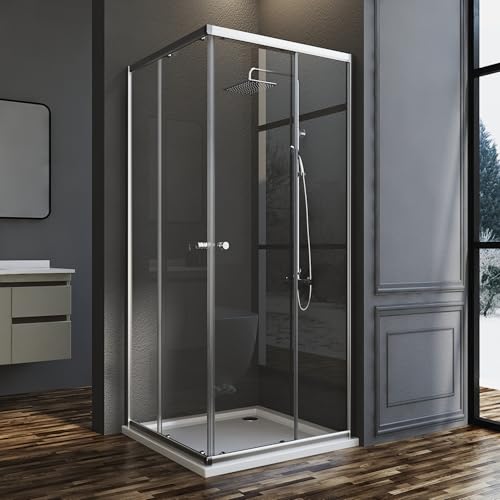 Goezes Duschkabine Eckeinstieg mit Schiebetür 80x80x185cm, Eckeinstieg Duschabtrennung Duschschiebetür Glas Duschkabine Dusche Duschwand 6mm ESG Sicherheitsglas, LINKS & RECHTS MONTIERBAR