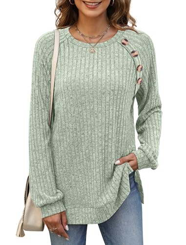 Image of Bofell Long Sleeve Shirts for Women Lightweight Button Decor Tunic Tops Side Split