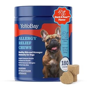 Dog Allergy Relief Chews – 180 Soft Chews, Duck & Pear Flavor – Immune Support & Itch Relief with Colostrum, Astragalus Root, 6-Strain Gut Health Blend