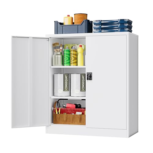 LISSIMO Metal Storage Cabinet，Garage Storage Cabinet with 2 Lockable Doors and 2 Adjustable Shelves, 36'' Steel Tool Cabinet for Garage, Office, Home, School(White)