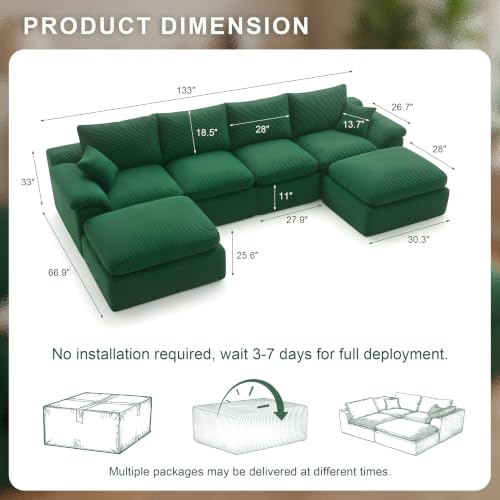 Image of 133 inch Cloud Sectional Couch, Boneless Couches for Living Room, Green