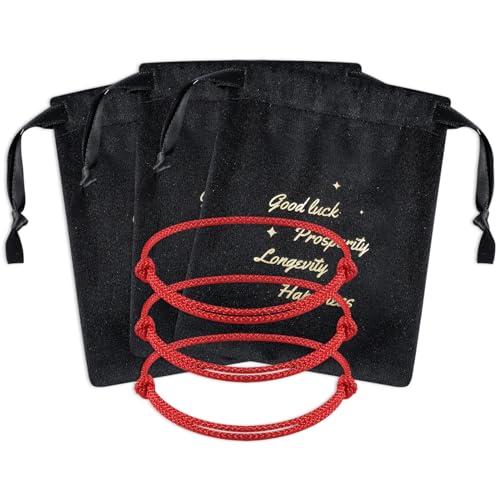 3 Pcs Kabbalah Red String Bracelet Handmade Red Cord Bracelet Adjustable String Amulet with 3 Pcs Velvet Jewelry Bags for Women Men for Protection, Evil Eye and Good Luck