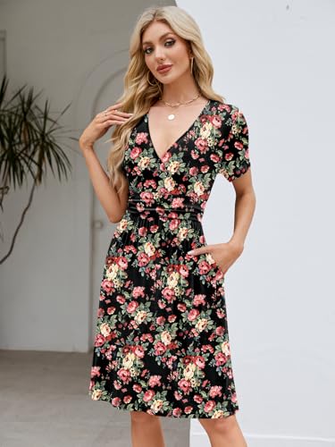 Image of Naggoo Womens Summer Dresses for Women 2026 Spring Floral Sundress Short Sleeve V Neck Wrap Dress with Pockets