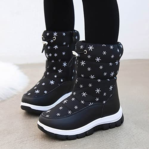 Girls Boys Winter Boots Kids Unisex Snowflake Printed Drawstring Mid Calf Waterproof Fleece Lined Warm Zip Snow Boots2