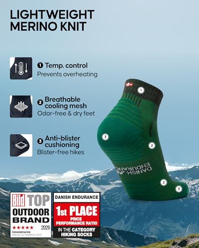 Image of DANISH ENDURANCE Merino Wool Low-Cut Hiking Socks - Breathable Ankle Socks for Men & Women, Anti-Blister for Outdoors, 3-Pack