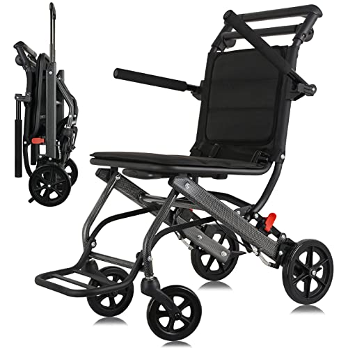 WISGING Silla de ruedas de transporte ultraligera (solo 6,8 kg), silla de ruedas plegable portátil con freno de mano, carrito para personas mayores de viaje en avión, sillas de ruedas para adultos
