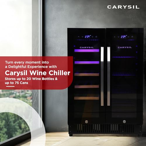 Image of Carysil Wine Chiller & Soft Drink Cooler, Stores up to 20 Wine Bottles & up to 75 Cans, Free Standing, Dual Zone (3C-12C White Wine & 12C-20C Red Wine), Toughened Glass Door, Ideal for Home