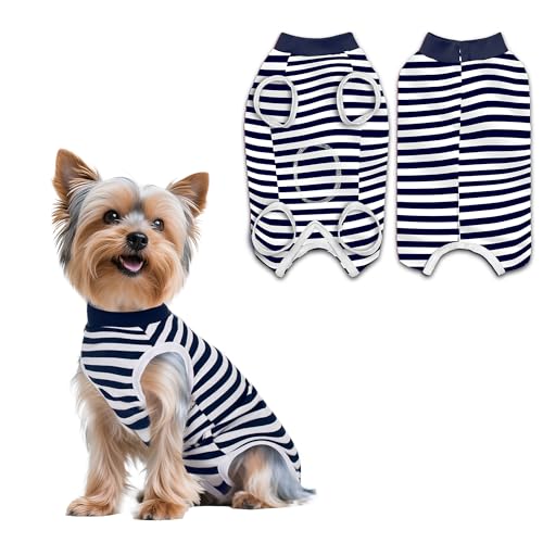 PawSailor Gestreifter OP-Body Hunde Hündin Rüde Kastration Hundebody Nach Op Weiche Baumwolle OP-Weste Hunde Medizinisches Hemd Anti-Lecken Knopfverschluss Wundschutz Kegel-Alternativen, Marineblau S