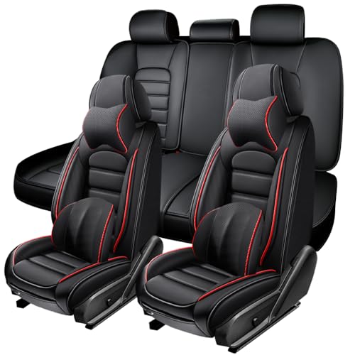 Image of 5 Seat Covers for Hyundai Santa Fe XL 2001-2024,Premium Nappa Leather Car Seat Covers Car Seat Cushions,Waterproof Soft Seat Covers for Cars,Interior Accessories with Airbag(Luxury-Black&Red)