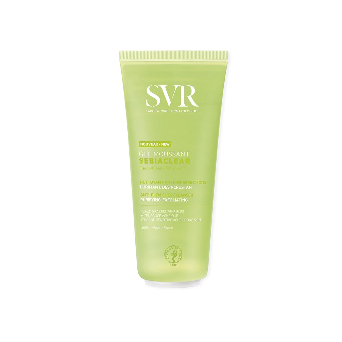 SVR - Sebiaclear Gel Moussant - Nettoyant purifiant anti-imperfections - Pour peaux mixtes à grasses, sensibles et à tendance acnéique - Gluconolactone4%, acide salicylique 0,5% - 200 ml