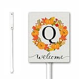 Letrero de aluminio personalizado con monograma de otoño con letra Q para...