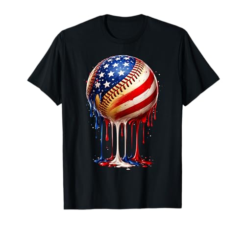 Softball Drip Ice Cream American Flag 4th of July T-Shirt