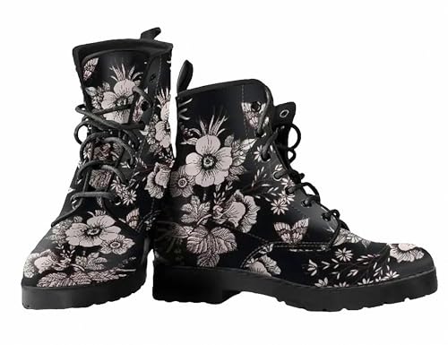 FQLGJMY Bottines Femme Style Vintage à Fleurs Papillon Rose Lacets Rétro Bout Rond Plates Peintes à la Main Parfaites Avec Jeans Robes Mode Décontractée...