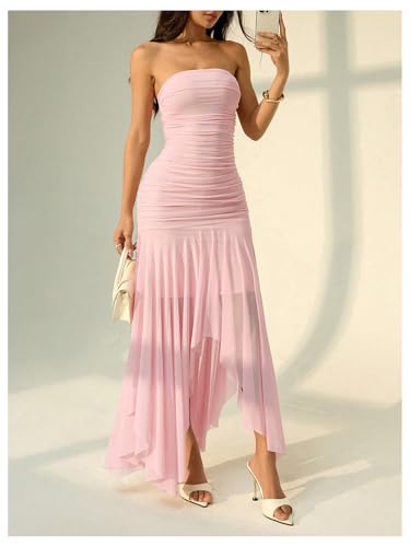SOLY HUX Women's Sleeveless Strapless Irregular Ruffle Tube Dress Mesh Evening Night Party Long Dresses4
