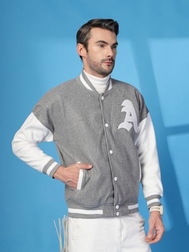 Image of CHKOKKO Men's Oversized Varsity Jacket with Snap Button Closure and Patch Design Trendy Comfortable Outerwear for College Travel and Casual Wear