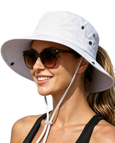 Sun Hats for Women with Ponytail Hole Wide Brim Beach Bucket Hat (White)