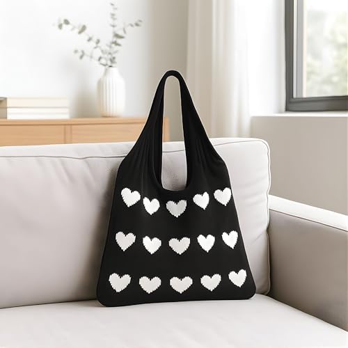 Image of Cotton Knitted Heart Pattern Tote Bag for Women - Large, Stylish & Durable Black Shoulder Handbag for Everyday Use, Travel, Shopping, Work & Beach (Pack of 1)