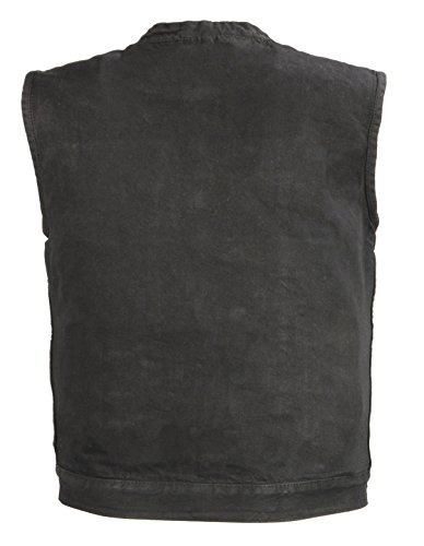 Men’s Denim Club Style Vest | Concealed Gun Pockets, Patches Friendly Single Panel Back, Concealed Snap and Zipper Front Closure | Rustic and Casual Black Jean Biker Vest (Black, 4X)