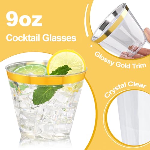 Image of 50 Pcs Gold Plastic Cups,9Oz Gold Rimmed Plastic Cups,Heavy Duty Gold Rim Clear Disposable Plasitc Cocktail Tumblers Wine Cup for Party,Wedding,Birthday,Christmas