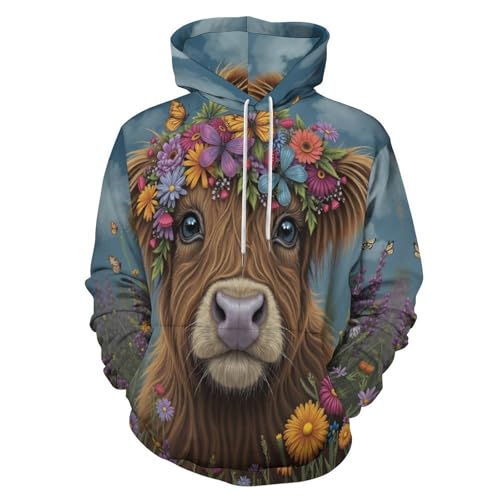 Sweat à capuche imprimé 3D homme bétail Highlands manches longues
