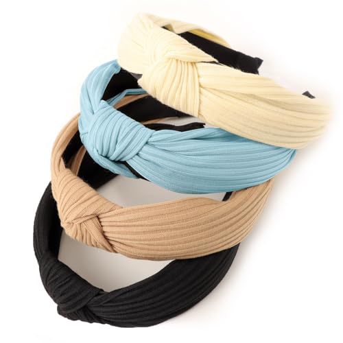 Image of DRESHOW 4 Pack Knotted Headbands for Women Wide Turban Headband Yoga Exercise Ribbing Head Wraps Hair Bands Accessories