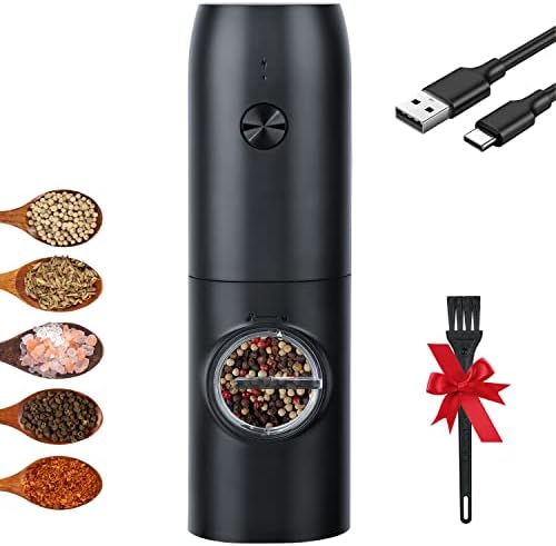 Electric Rechargeable Grinder, Dallfoll Pepper and Salt Mill Battery-Operated with Bright LED Light, Adjusted Coarseness, One-Hand Operated Automatic Grinder