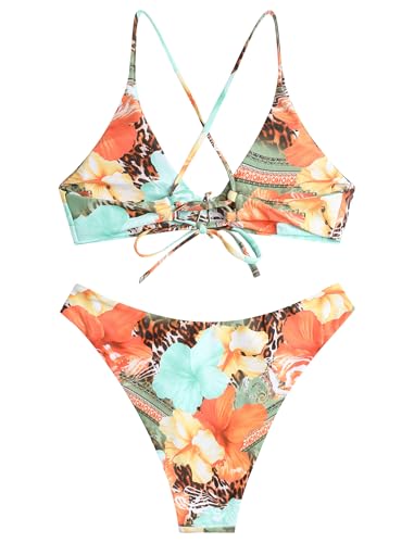 Image of ZAFUL Women's Tie Back Padded High Cut Bralette Bikini Set Two Piece Swimsuit