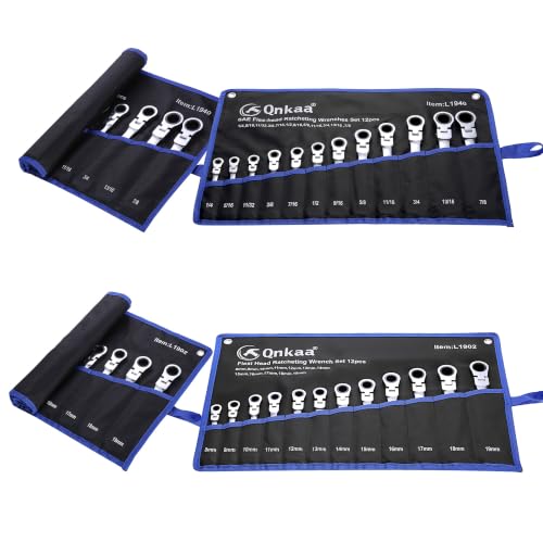 Image of Qnkaa 24pcs Flexible Ratcheting Wrench Set Metric 8-19mm & SAE 1 /4 inch to 7 /8 inch | 180 Flex-Head Spanner, Gear Ring Ratchet, Combination Wrenches Kit,,Cr-V Steel With Pouches