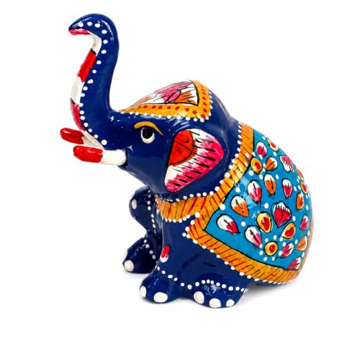 Image of eCraftIndia Handcrafted Blue Decorative Elephant Showpiece for Home Decor, Traditional Hand-Painted Elephant Figurine, Lucky Feng Shui Elephant Statue for Living Room, Office & Gift Purpose