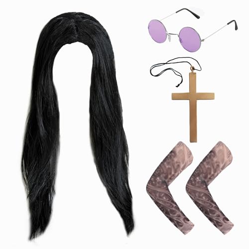 ATSNOSH 4 Pcs Prince of Darkness Accessory Set Adults Rock Star Fancy Dress Accessory Set Long Black Wig Circular Purple Glasses Gold Cross Tattoo Sleeves 70s 80s Costume Accessories (4 Pcs)