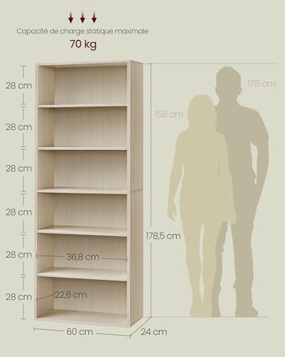 VASAGLE Custos Collection - Bibliothèque, Étagère sur 6 Niveaux, Meuble de Rangement Ouvert, Étagère, pour Salon, Bureau, Salle à Manger, Beige Naturel LBC169L01 – vue 6