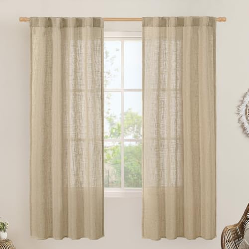 LAMIT Brown Linen Curtains for Bedroom, 72 Inch Length Light Filtering Semi Sheer Panels Back Tab and Rod Pocket Neutral Drapes for Living Room, 2 Panels, 34 x 72 Inch