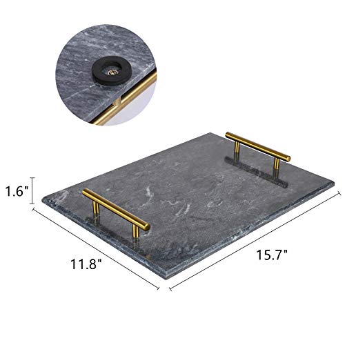 YCOCO Marble Dish Trinket DecorativeTray,Jewelry Tray with Gold Metal Handle,Bathroom Bedroom Dresser VanityTray,Perfume Tray,Home Decor,15.8”X11.8“inch - Thumbnail 2